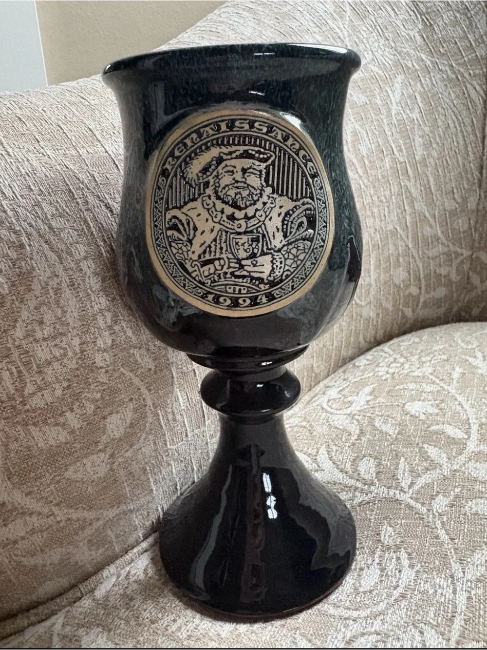 Black Ceramic Decorative Goblet with Vintage Medallion
